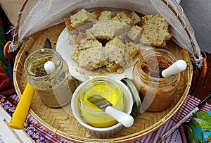 Breads and three vegan pastes