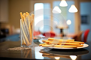 breadsticks with poppy seeds under soft kitchen lighting