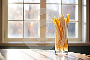 breadsticks in a tall glass with a sunny window backdrop