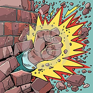 Break through barriers. Strength of mind. African American man fist with an explosion breaks the wall. Pop Art Retro