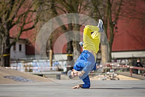 Break dance movement, performer on the street, Playground.