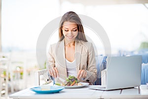 Break for energy, vitamins and refreshness. Young cheerful lady