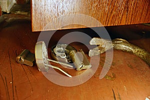 After the break-in. Fragments of a damaged lock and a crowbar used for breaking in