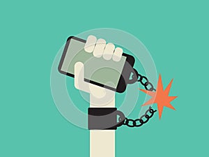 Break free from smartphone and technology addiction vector concept. Hand with mobile phone chained to it.