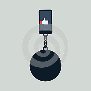 Break free from smartphone and technology addiction vector concept. Mobile phone with ball chained to it.