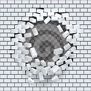 Break hole in brick wall destruction template transparent background vector illustration