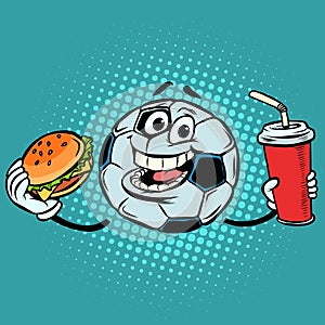 Break the match. Fast food Cola and Burger. Football soccer ball