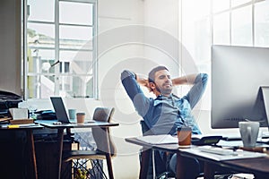 Break, relax and business man at office desk for stretching, productivity or done with project. Smile, computer and