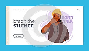 Break the Silence Landing Page Template. Young Man Covering Mouth Like Wise Monkey Do Not Tell Evil
