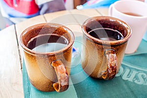 Break time with hot tea in apres ski bar