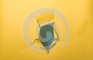 Break through yellow paper wall. Hole with torn sides over yellow background for your text, print or promotional content