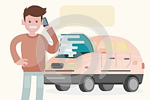 Breakdown of the car on the road. A man calls the service to help. Vector illustration in a flat style.