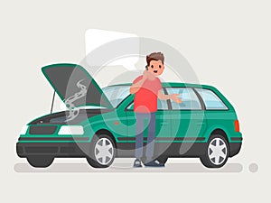 Breakdown of the car on the road. A man calls the service to help. Vector illustration