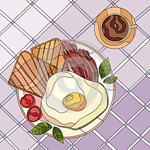 Colorful breakfast illustration. Fried egg, toasts, bacon, tomato cherry, basil leaf, cup of coffee on tablecloth.