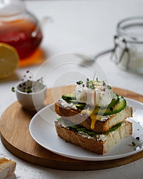 Breakfast with avocado sandwich and chopped poached egg