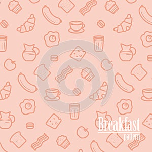 Breakfast Background. Seamless Pattern With Line Icons of Food Like Sausage, Bread, Croissant, Bacon, Muffins, Coffee, Milk etc.