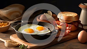 breakfast, Bacon and eggs in pan, product and cheese burger with fresh milk photography. Goodmorning light wiht breakfast burger,