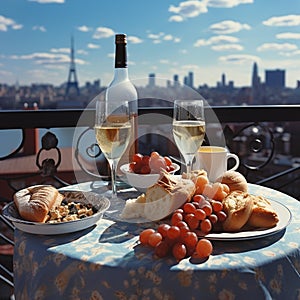 Breakfast on a balcony in New York 4, table setting. Luxury tourist resort breakfast in hotel room.