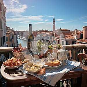 Breakfast on a balcony in Venice. Luxury tourist resort breakfast in hotel room.