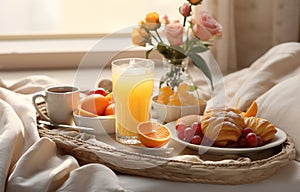 breakfast in bed of coffee, croissants, orange juice and fruit on a tray