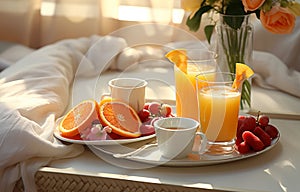 breakfast in bed of coffee, croissants, orange juice and fruit on a tray