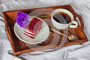 Breakfast in bed. Cup, coffee, red, velvet, cake and flower
