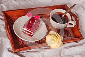 Breakfast in bed. Cup, coffee, red, velvet, cake and flower