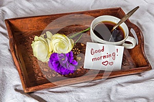 Breakfast in bed. Cup, coffee, red, velvet, cake and note with t