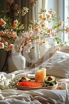 Breakfast in bed with flowers and a bright window., Generated AI