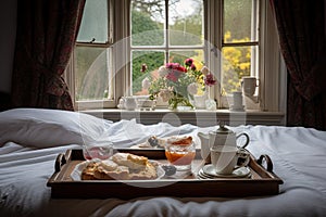 breakfast in bed, with view of garden and plate full of freshly baked scones, jams, and clotted cream