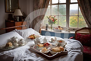 breakfast in bed, with view of garden and plate full of freshly baked scones, jams, and clotted cream