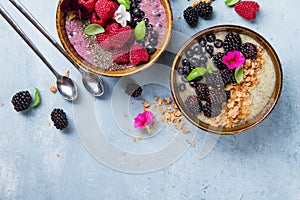 Breakfast berry smoothie bowl topped with berry