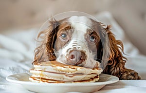 Breakfast Bliss: Adorable Springer Spaniel Eyeing Pancake Stack Generative AI