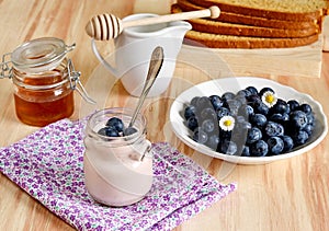 Breakfast with blueberries, honey and yogurt