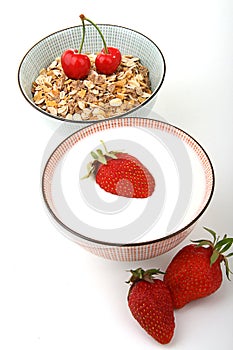 Breakfast, Bowl of cereal and milk with fruits