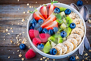 Breakfast bowl: granola with banana, kiwi, raspberry, strawberry, blueberry and chia seeds
