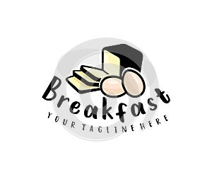 Breakfast, bread, eggs, meal and food, logo design. Catering, canteen, restaurant and eatery, vector design
