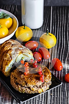 Breakfast bread, milk and fruit