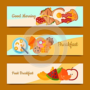 Breakfast brunch concept set of banners vector illustration. Healthy start day. Eating in the morning. Good morning