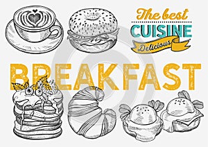 Breakfast and brunch food illustration - bagel, coffee, pancake, egg