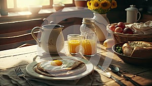 Breakfast brunch still life. Eggs, orange juice country meal. Sunflowers and coffee in the morning.