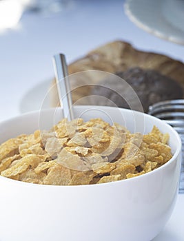 Breakfast buffet table setting with cereal
