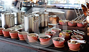Breakfast buffet at a tropical resort hotel in Bali Indonesia, Luxury hotel in Asia.