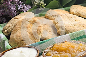 Breakfast with buns, jam and cottage cheese