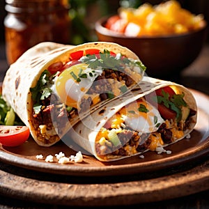 Breakfast burrito, mexican american breakfast food, convenient wrap photo