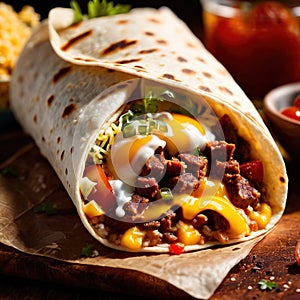 Breakfast burrito, mexican american breakfast food, convenient wrap photo