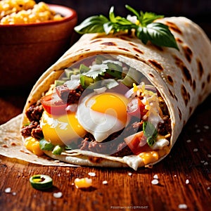 Breakfast burrito, mexican american breakfast food, convenient wrap photo