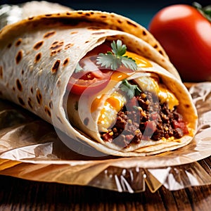 Breakfast burrito, mexican american breakfast food, convenient wrap photo