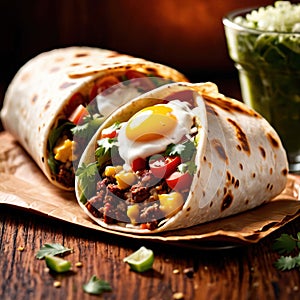 Breakfast burrito, mexican american breakfast food, convenient wrap photo