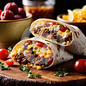 Breakfast burrito, mexican american breakfast food, convenient wrap photo